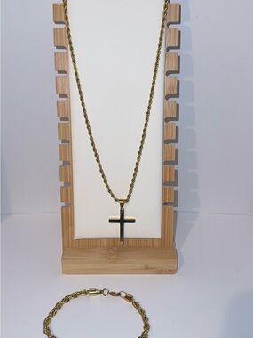 Men’s 18K Gold Plated 316L Stainless Steel Cross Pendant Necklace & Rope Bracele